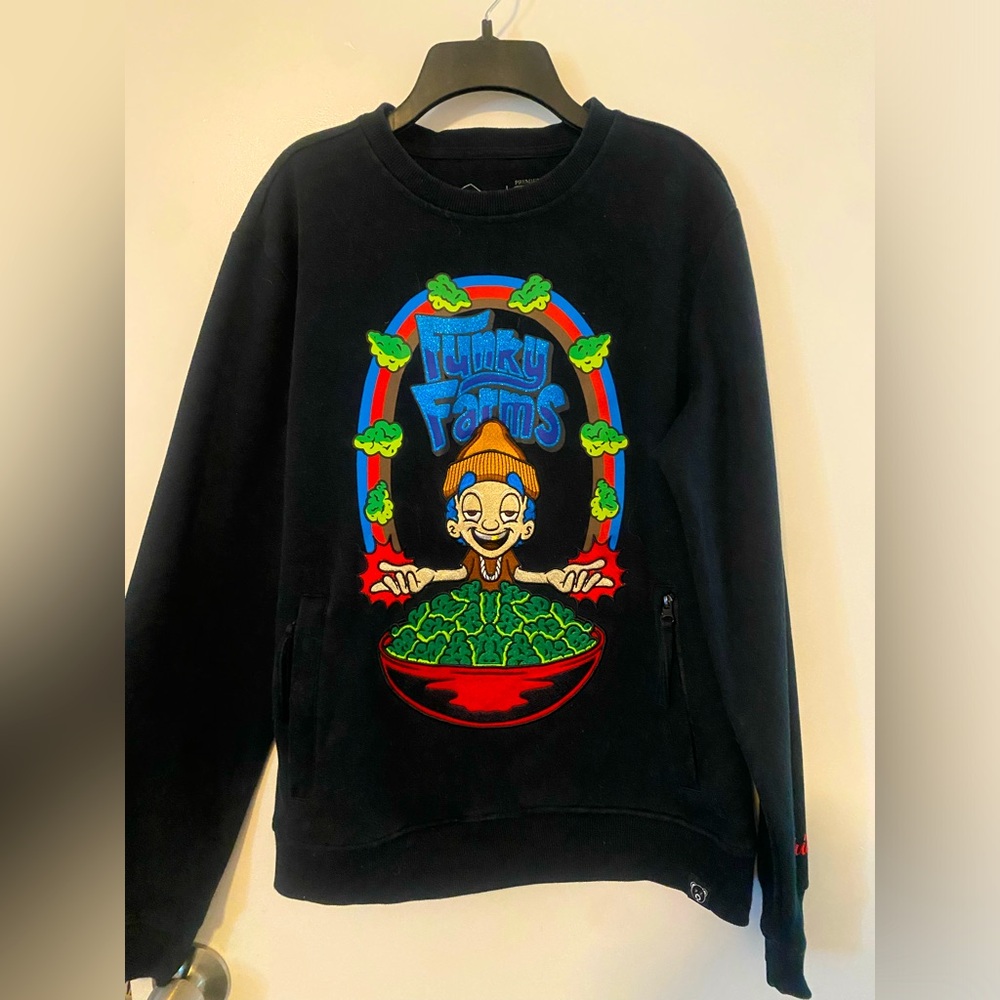 Civilized Funky Farms Men’s Small Black Glitter Zip Pockets Sweatshirt.